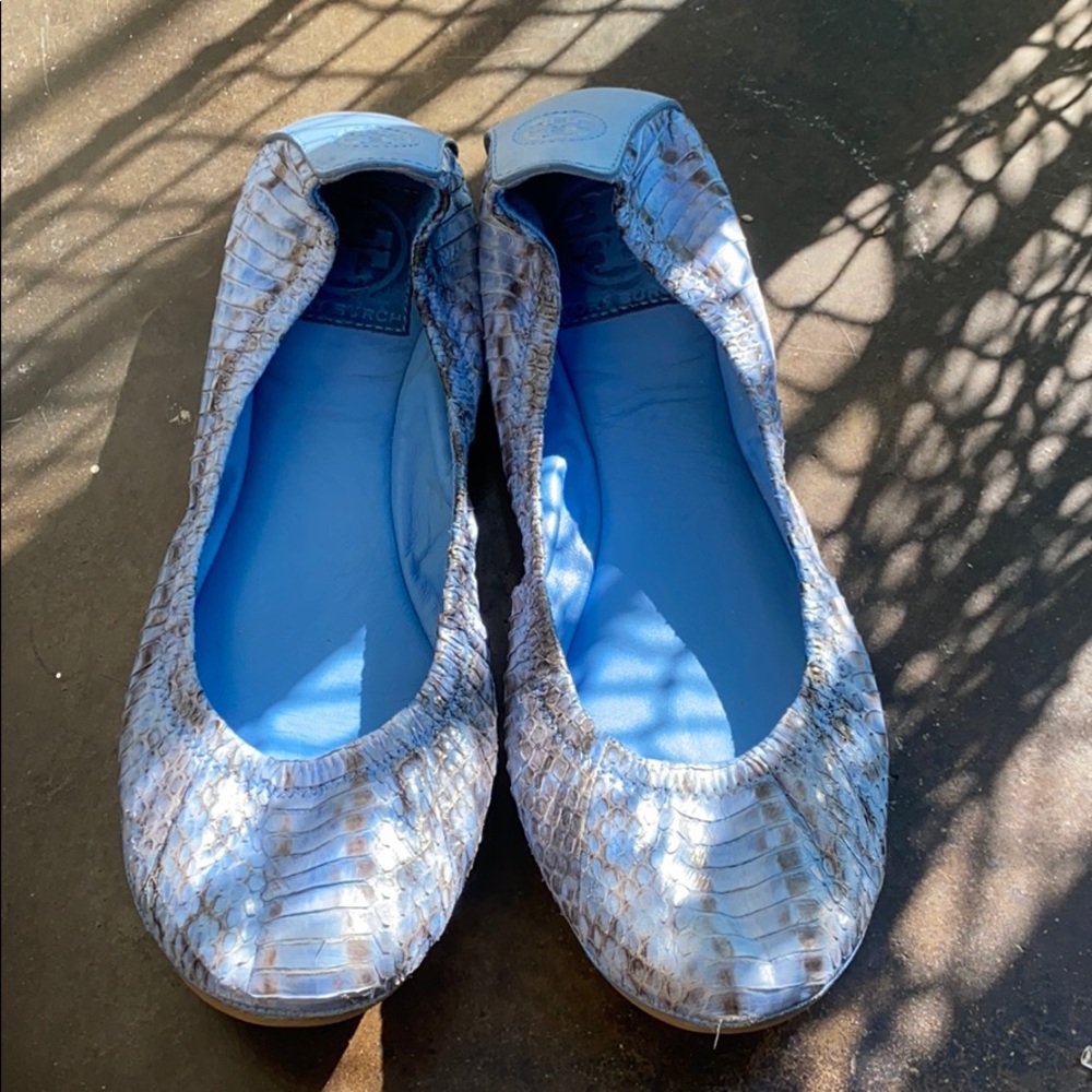 Tory Burch, Blue and Grey Snake Pattern Flats